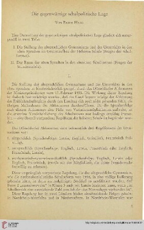 1: Die gegenwärtige schulpolitische Lage
