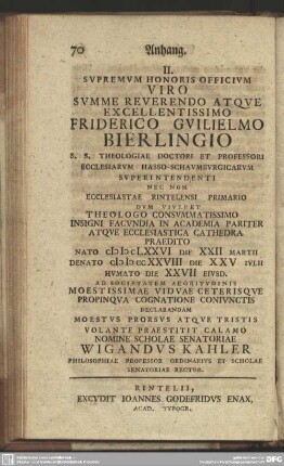 Anhang. II. Supremum Honoris Officium Viro ... Friderico Guilielmo Bierlingio ...