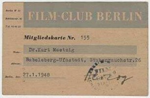 Mitgliedskarte des Film-Clubs Berlin