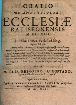 Oratio de anno seculari ecclesiae Ratisbonensis MDCXLII