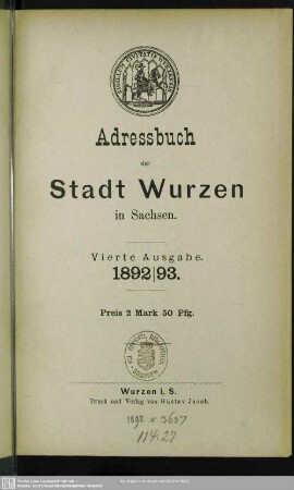 4.1892/93(1892): Adressbuch der Stadt Wurzen in Sachsen
