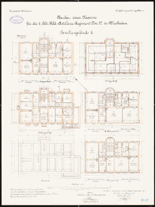 Artilleriekaserne II/27, Wiesbaden: Familienwohnhaus II: Grundriss Bankette, Keller, Erdgeschoss, 1. und 2. Obergeschoss, Dachgeschoss 1:100
