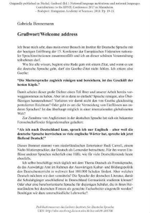 Grußwort/Welcome address