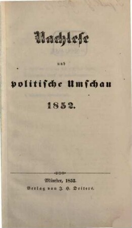 Nachlese und politische Umschau 1852