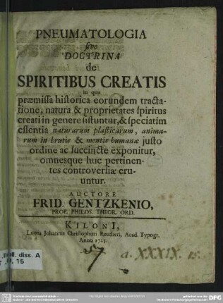 Pneumatologia sive Doctrina de Spiritibus Creatis ...