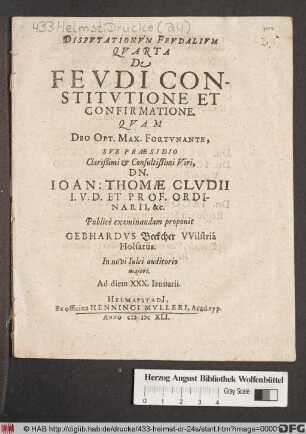 Disputationum Feudalium Quarta De Feudi Constitutione Et Confirmatione