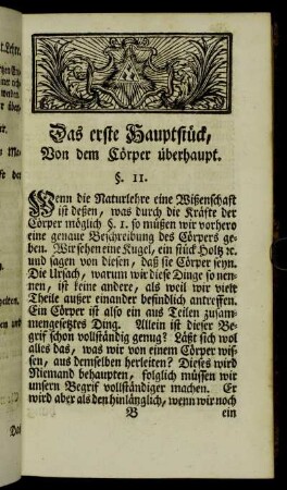 Das erste Hauptstück, Von dem Cörper überhaupt.