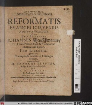 Disputatio Solennis De Reformatis Evangelicis, Verius Non Evangelicis