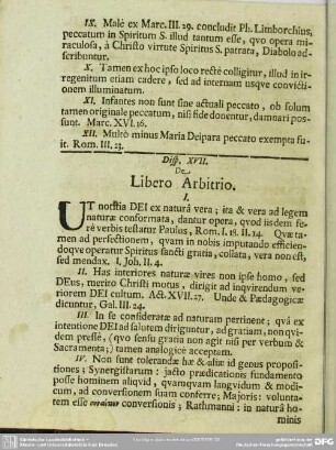 Disp. XVII. De Libero Arbitrio