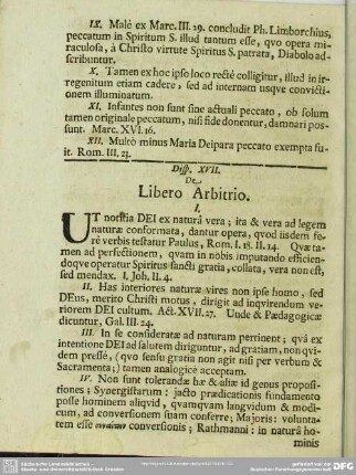 Disp. XVII. De Libero Arbitrio