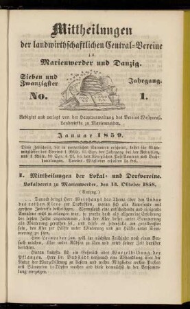 Sieben und Zwanzigster Jahrgang. No. 1. Januar 1859.