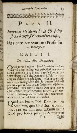 Pars II. Exercitia Hebdomadaria & Menstrua Religiosi Prӕmonstratensis.