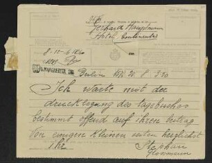 Brief von Stefan Großmann von Das Tage-Buch  an Gerhart Hauptmann
