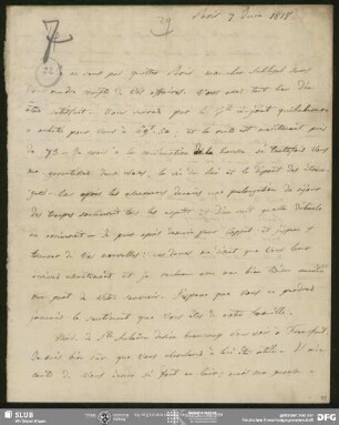 Eigenh. Brief von Auguste Louis de Staël-Holstein an August Wilhelm von Schlegel, Paris, 07.06.1818