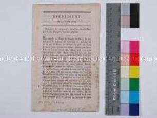 Gravures historiques de Jean-François Janinet - Bericht über die Bewaffnung der Pariser Bevölkerung und die Einführung der blau-roten Kokarde sowie die Flucht der Aristokratie aus der Stadt