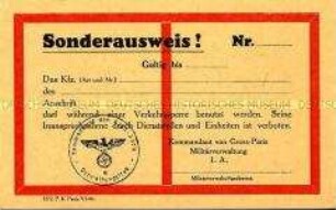 Vordruck eines Sonderausweises der deutschen Militärverwaltung im besetzten Frankreich