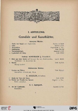 I. Abteilung. Gemälde und Kunstblätter (Nr. 1-277)