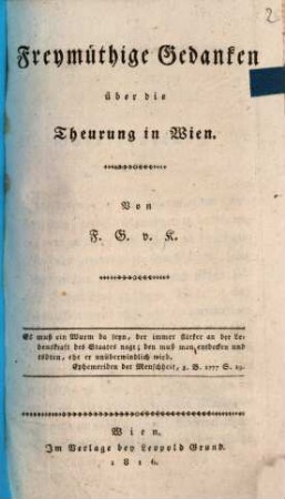 Freymüthige Gedanken über die Theurung in Wien