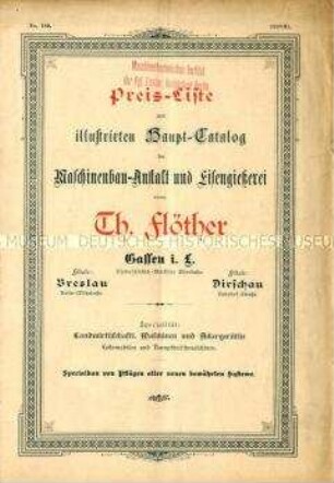 Preis-Liste zum illustrirten Haupt-Catalog der Maschinenbau-Anstalt und Eisengießerei vorm. Th. Flöter