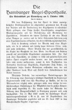 Die Hamburger Kegel-Sporthalle. Ein Gedenkblatt zur Einweihung am 5. Oktober 1930.
