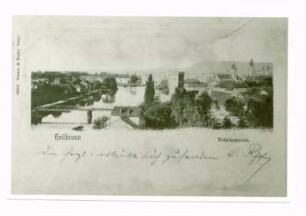 "Totalansicht" - "Gruß aus Heilbronn" - Gesamtansicht, Blick vom Rosenberg auf Badstraße, Neckar, Eiserner Steg, Götzenturm, südwestliche Innenstadt