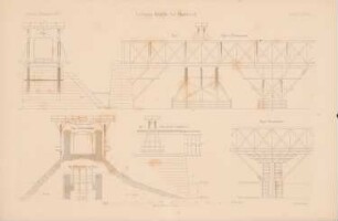 Victoria-Brücke, Montreal: Grundriss, Ansichten, Schnitt Pfeiler, Ansicht Gerüst (aus: Atlas zur Zeitschrift für Bauwesen, hrsg. v. G. Erbkam, Jg. 10, 1860)