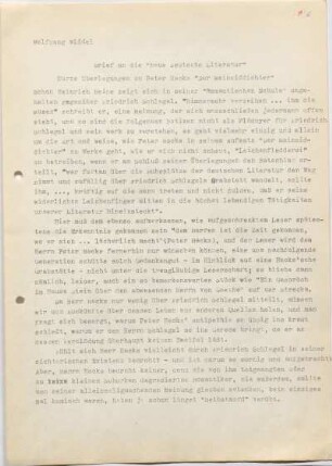 [W135]: Brief an die "Neue Deutsche Literatur" : Kurze Überlegungen zu Peter Hacks "Der Meineiddichter"