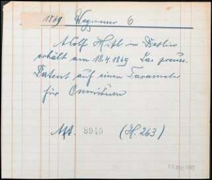 Adolf Hitl in Berlin erhält am 18. Apr. 1869 das preußische Patent auf einen Taxameter für Omnibusse