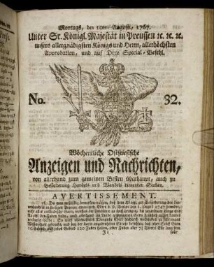 No. 32. Montags, den 10ten Augusti, 1767.