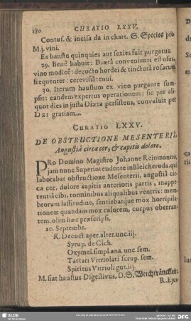 Curatio LXXV. [Curatio LXXVIII.] De Obstructione Mesenterii, Angustia circa cor, et capitis dolore