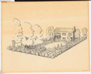 Druckvorlagen / Garten Major a. D. Alfred Müller, Berlin-Dahlem: Ein Garten im ebenen Gelände in der Größe von 1100 qm, Variante: Perspektivische Ansicht