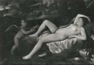 Poussin, Nicolas: Die ruhende Venus mit Amor. Um 1624. Öl auf Leinwand; 71 x 96 cm. Ausschnitt: Die Venus. Dresden: Gemäldegalerie Alte Meister 721