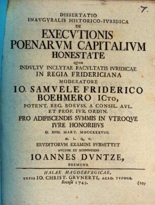 Diss. inaug. hist. iur. de executionis poenarum capitalium honestate