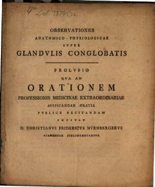 Observationes anatomico physiologica super glandulis conglobatis : Prolusio