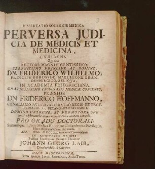 Dissertatio Solennis Medica Perversa Iudicia De Medicis Et Medicina