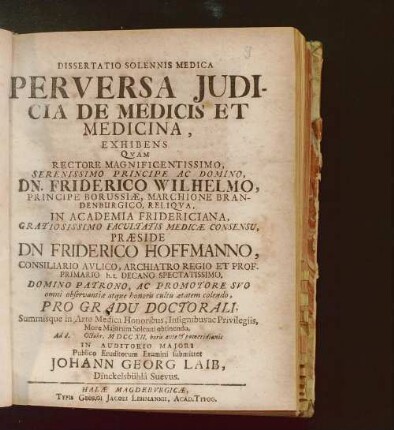 Dissertatio Solennis Medica Perversa Iudicia De Medicis Et Medicina