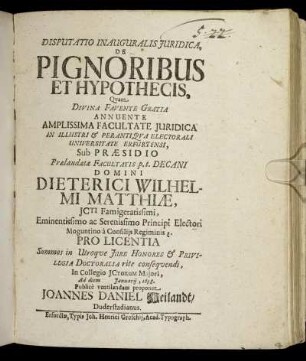 Disputatio Inauguralis Iuridica, De Pignoribus Et Hypothecis