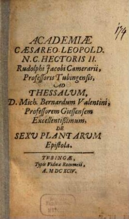 Ad Mich. Bern. Valentini de sexu plantarum epistola