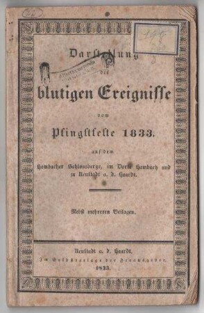 Buch, Broschüre, Aufsatz: "Darstellung der blutigen Ereignisse vom Pfingstfeste 1833"