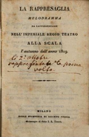 La Rappresaglia : Melodramma