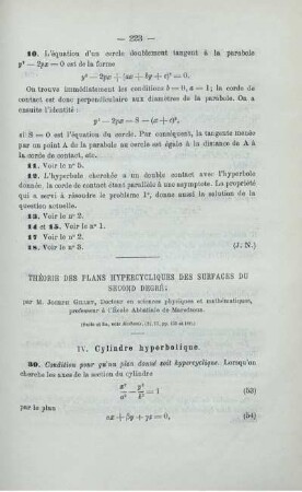 THÉORIE DES PLANS HYPERCYCLIQUES DES SURFACES DU SECOND DEGRÉ.