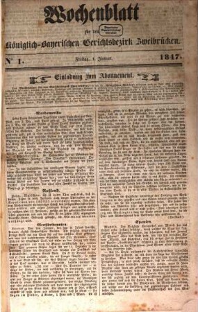 Wochenblatt für den Königlich-Bayerischen Gerichtsbezirk Zweibrücken. 1847