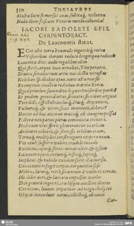 Iacobi Sadoleti Epis. Carpentoract. De Laocoontis statua