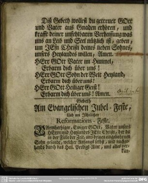 Gebeth Am Evangelischen Jubel-Feste, Und am Jährlichen Reformations-Feste