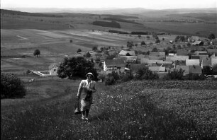 Fürstenberg: Blick vom Füstenberg auf den Ort, Spitzli im Gras, herkommend