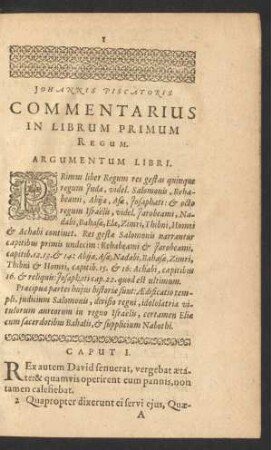 Johannis Piscatoris Commentarius In Librum Primum Regum