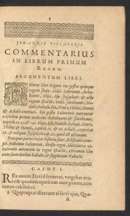 Johannis Piscatoris Commentarius In Librum Primum Regum