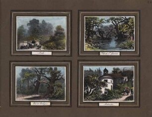 'Marly', Landschaftsbild, im Vordergrund Schäfer, eine Brücke überquerend; aquarellierte Lithographie Paris - 'Bois de Boulogne', Teilansicht des Waldes; aquarellierte Lithographie Paris - 'Montmatre', Teilansicht; aquarellierte Lithographie 'Foret de St. Germain', Teilansicht mit Fluß; aquarellierte Lithographie