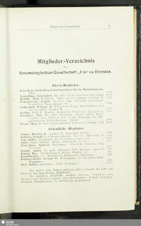 Mitglieder-Verzeichnis der Entomologischen Gesellschaft "Iris" zu Dresden