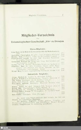 Mitglieder-Verzeichnis der Entomologischen Gesellschaft "Iris" zu Dresden